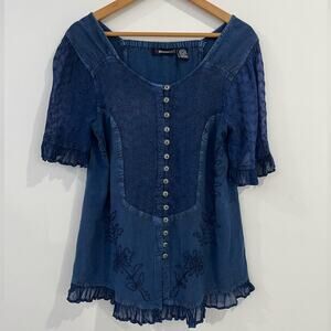 Denim 24/7 Blue Chambray Embroidered Blouse Button Western Cowgirl 12W